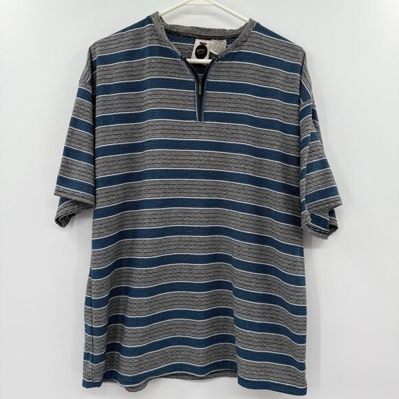 VTG 80s 90s Bugle Boy AOP‎ Striped T-Shirt L Surf Beach Skate grunge zipper - Picture 1 of 8